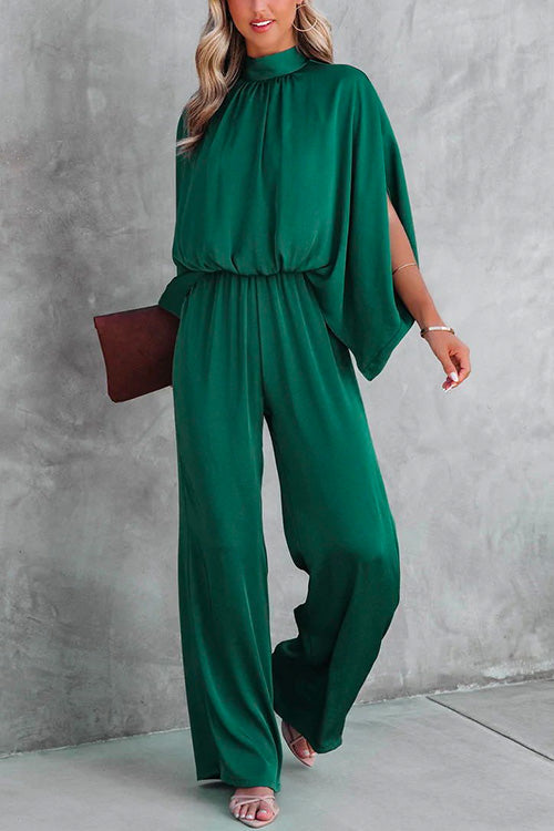 Rebadress Stand Collar Slit Sleeve Waisted Wide Leg Jumpsuit