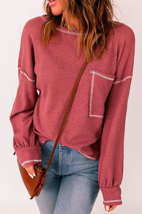 Rebadress Crewneck Long Sleeve Color Block Waffle Top