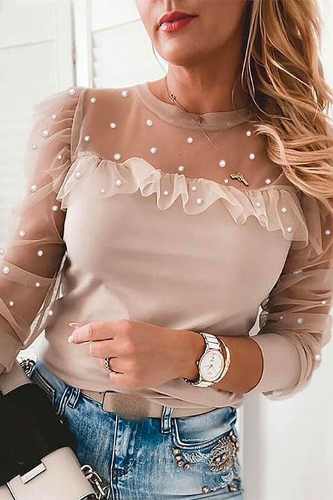 Rebadress Crewneck Puff Sleeve Lace Splice Chiffon Top