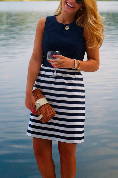 Rebadress Casual Crewneck Sleeveless Stripes Dress