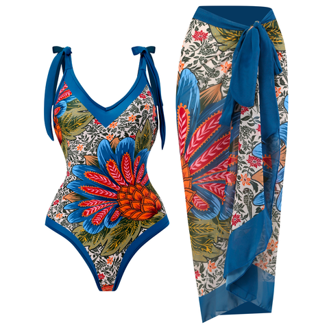 Rebadress V Neck Bow Shoulder One-piece Swimwear and Wrap Cover Up Skirt Printed Set