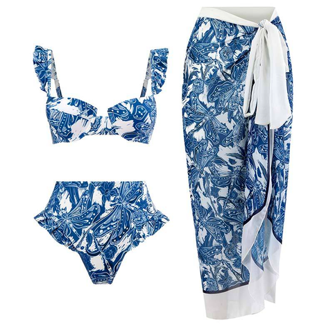 Rebadress Ruffle Trim Two-Piece Swimwear and Wrap Cover Up Skirt Print Set