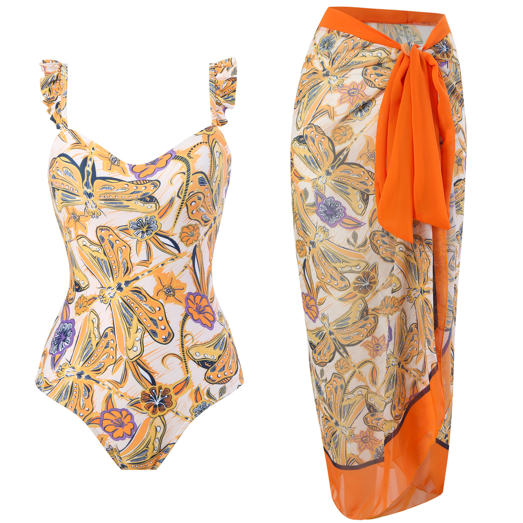 Rebadress Dragonfly Print Ruffle One-piece Swimsuit and Wrap Cover Up Skirt Set