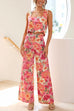 Rebadress Floral Printed Square Collar Crop Tank Top Wide Leg Pants Set