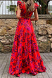 Rebadress Flounce Sleeves Back Lace Up Printed Tiered Maxi Dress