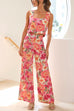 Rebadress Floral Printed Square Collar Crop Tank Top Wide Leg Pants Set