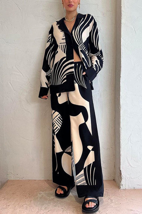 Rebadress Graphic Printed Long Sleeve Blouse Shirt Wide Leg Pants 2 Pieces Set