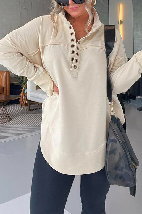 Rebadress Stand Collar Button Up Curve Hem Sweatshirt with Thumb Hole