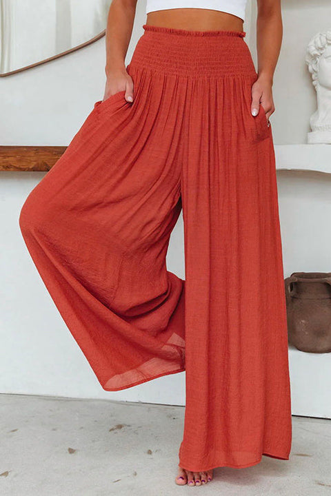 Rebadress Smocked Elastic Waist Pleated Wide Leg Pants