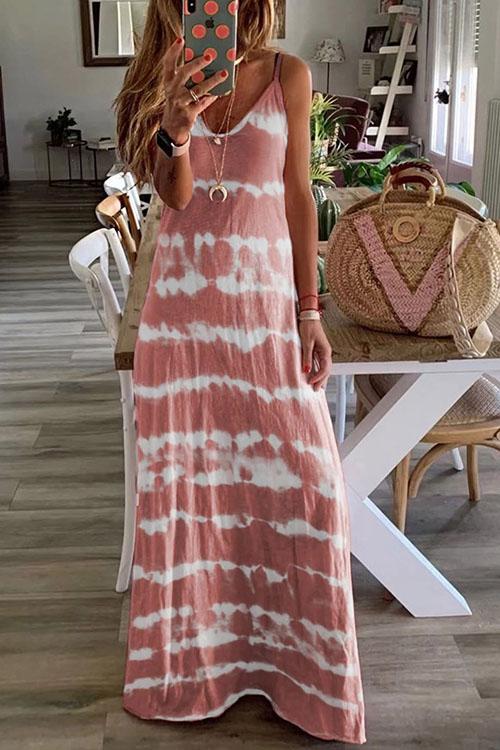 Rebadress V Neck Spaghetti Strap Tie Dye Casual Maxi Dress