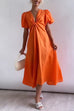 Rebadress V Neck Twist Knot Front Puff Sleeves Cotton Linen Maxi Dress