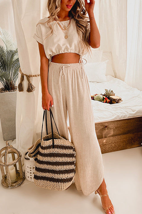 Rebadress Drawstring Hem Crop Top Wide Leg Pants Loungewear Set