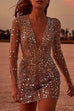 Rebadress Deep V Neck Mesh Sequin Party Dress