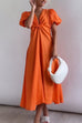 Rebadress V Neck Twist Knot Front Puff Sleeves Cotton Linen Maxi Dress