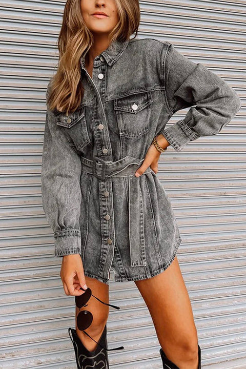 Rebadress Vintage Long Sleeves Belted Denim Mini Shirt Dress