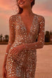 Rebadress Deep V Neck Mesh Sequin Party Dress