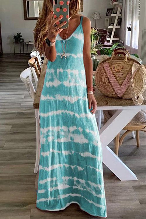 Rebadress V Neck Spaghetti Strap Tie Dye Casual Maxi Dress