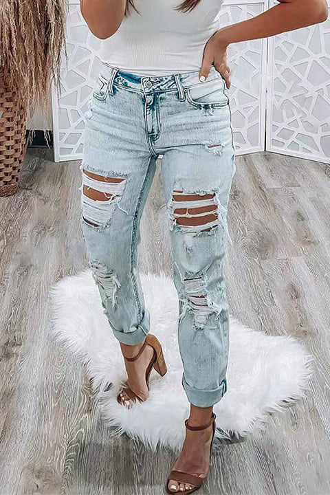 Rebadress Distressed High Rise Ripped Boyfriend Denim Pants