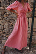 Rebadress V Neck Twist Knot Front Puff Sleeves Cotton Linen Maxi Dress