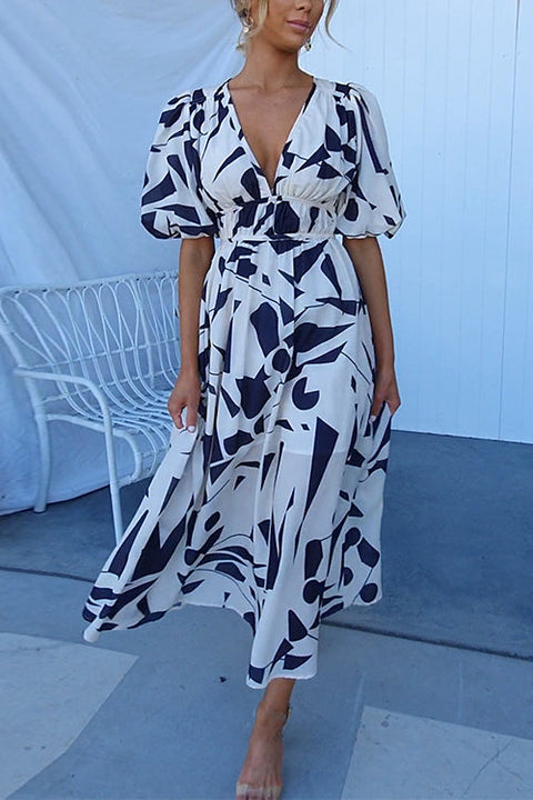 Rebadress V Neck Puff Sleeves Printed Maxi Flowy Dress