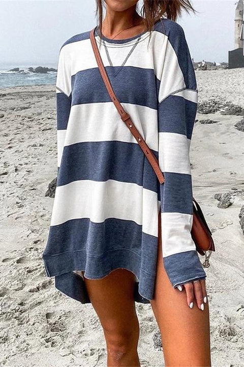 Rebadress Striped Long Sleeves Side Split Pullover