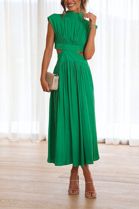 Rebadress Solid Mockneck Cut Out Maxi A-line Swing Dress