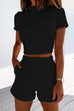 Rebadress Short Sleeve Crop Top Elastic Waist Rolled Hem Shorts Set