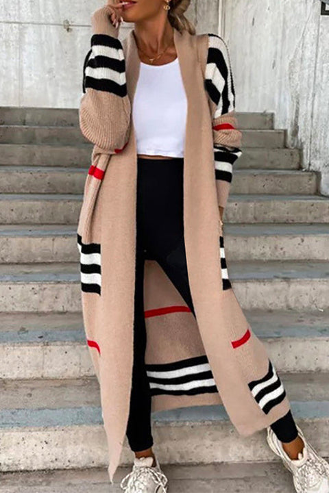 Rebadress Open Front Color Block Striped Splice Long Sweater Cardigan