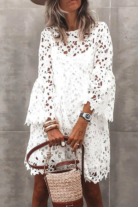 Rebadress Bell Sleeves Hollow Out Lace Dress with Slip