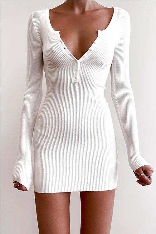 Rebadress V Neck Buttons Solid Bodycon Dress