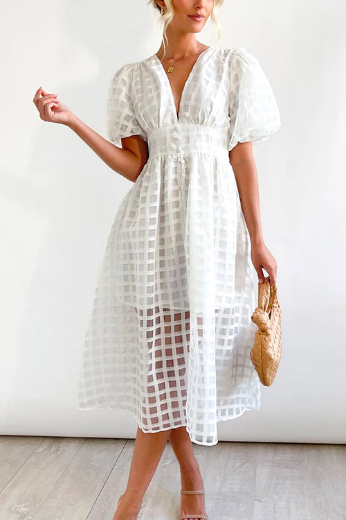 Rebadress V Neck Lantern Sleeve Waisted A-line Dress