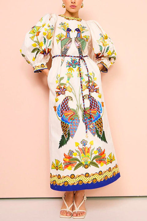 Rebadress 3/4 Puff Sleeves Back Slit Birdie Printed Maxi Dress