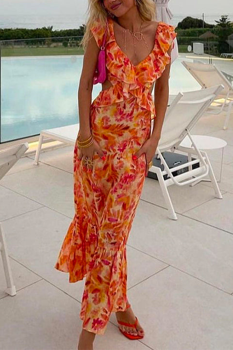 Rebadress V Neck Cut Out Tie Back Printed Ruffle Maxi Dress