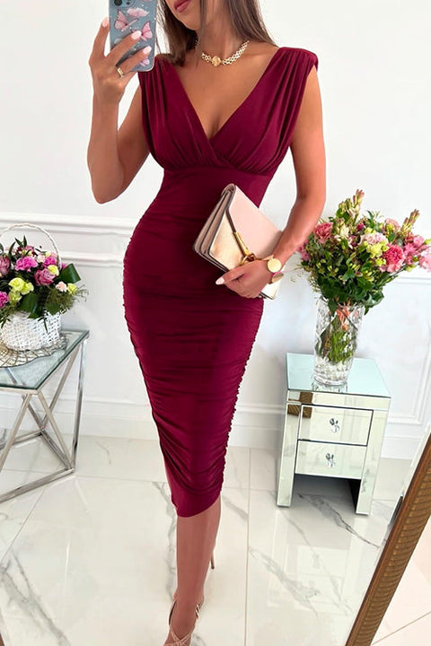 Rebadress Deep V Neck High Waist Knee Length Sheath Dress with Belt