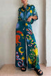 Rebadress Cartoon Printed Rolled Up Sleeves Blouse Shirt Wide Leg Pants Holiday Set