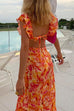 Rebadress V Neck Cut Out Tie Back Printed Ruffle Maxi Dress