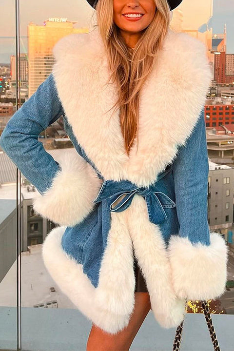 Lapel Faux Fur Accented Denim Jacket with Belt