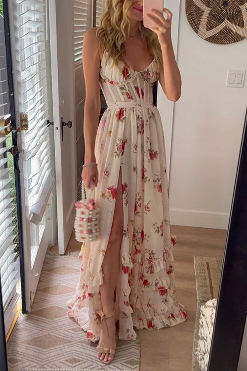 Rebadress Spaghetti Strap Ruffle Layered Slit Dainty Floral Maxi Dress