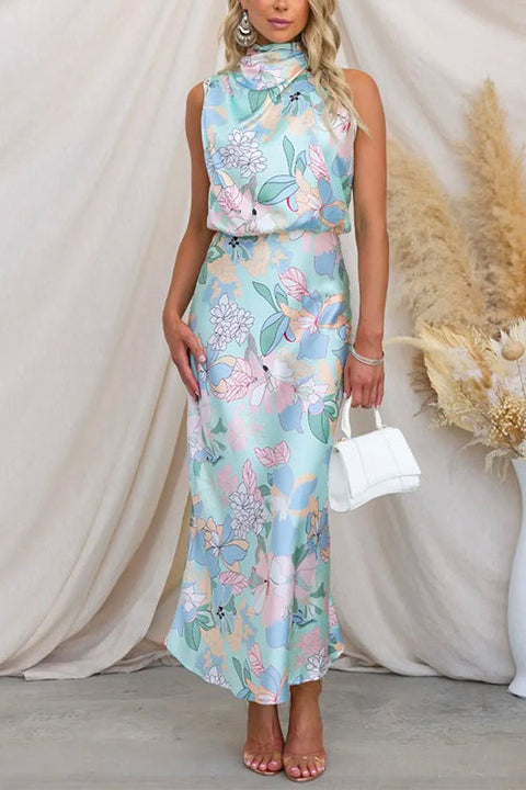 Rebadress Irregular Tie Neck Waisted Floral Printed Maxi Satin Dress