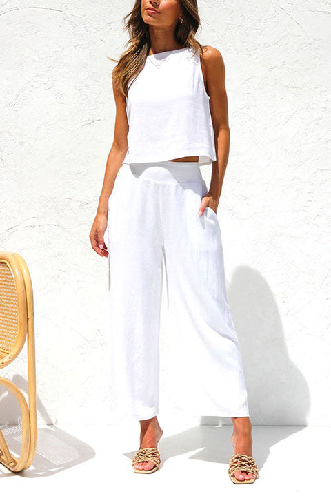 Rebadress Buttons Tank Top and Pockets Wide Leg Crop Pants Set