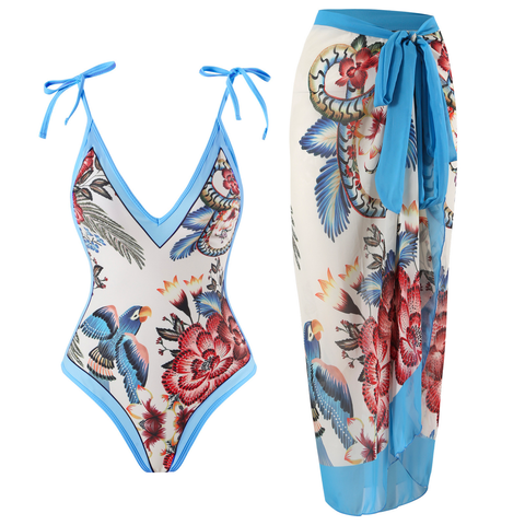 Rebadress Floral Print V Neck Tie Shoulder One-piece Swimwear and Wrap Cover Up Skirt Set