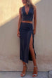 Rebadress Deep V Neck Sleeveless Crop Top Drawstring Side Split Skirt Set