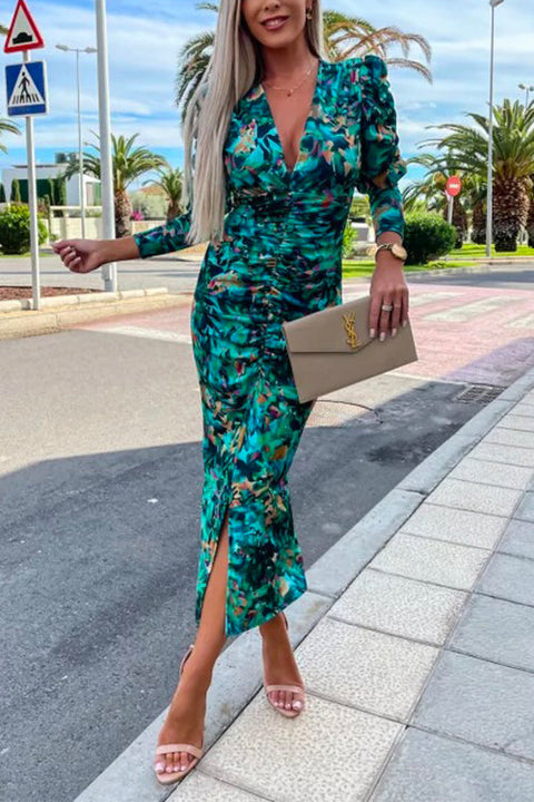 Rebadress Deep V Neck Long Sleeve Ruched Slit Printed Bodycon Dress