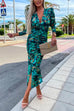 Rebadress Deep V Neck Long Sleeve Ruched Slit Printed Bodycon Dress