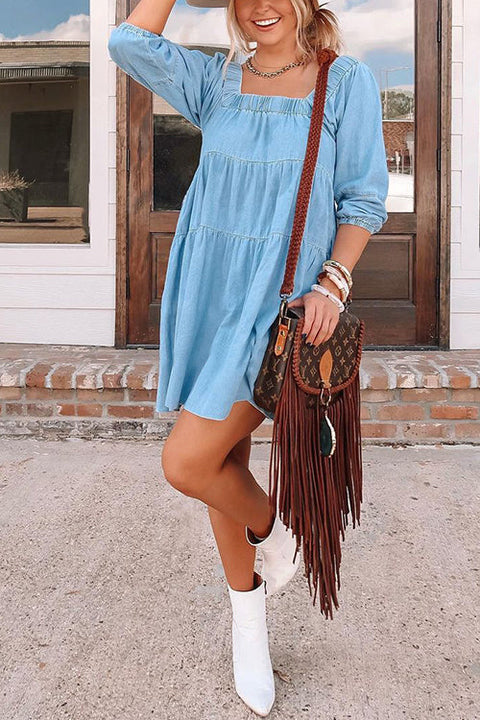 Rebadress Square Collar Ruffle Tiered Denim Dress