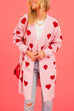 Rebadress Open Front Pocketed Valentines Date Heart Print Cardigan