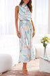 Rebadress Irregular Tie Neck Waisted Floral Printed Maxi Satin Dress