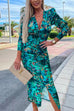 Rebadress Deep V Neck Long Sleeve Ruched Slit Printed Bodycon Dress