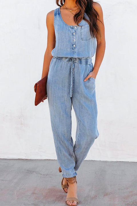 Rebadress Drawstring Waist Distressed Denim Tank Jumpsuit