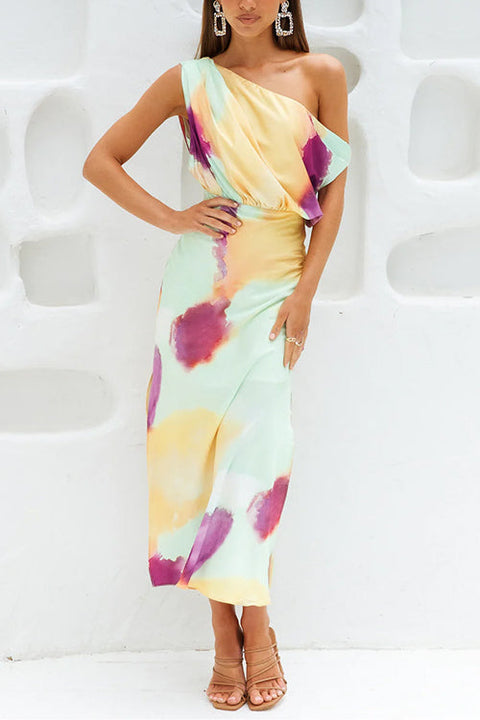 Asymmetric Shoulder Waisted Tie Dye Slit Maxi Dress